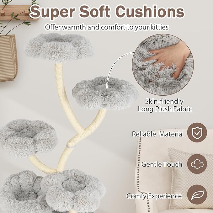 PETSITE 65 Inch Tall Cat Tree, Multi-Level Modern Cat Tree Tower with Sisal Scratching Posts, Cat Condo, Soft Long Plush Covered Platforms, Ideal for Indoor Cats Large Adult (Grey)