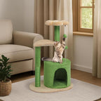 Outvita Cat Tree 33in Small Cat Tower, Multi-Level Cat Tree Tower with Cat Scratching Post and Curved Perch, Cozy Cat Condo, Padded Top Bed for Kittens and Indoor Cats, Beige & Green