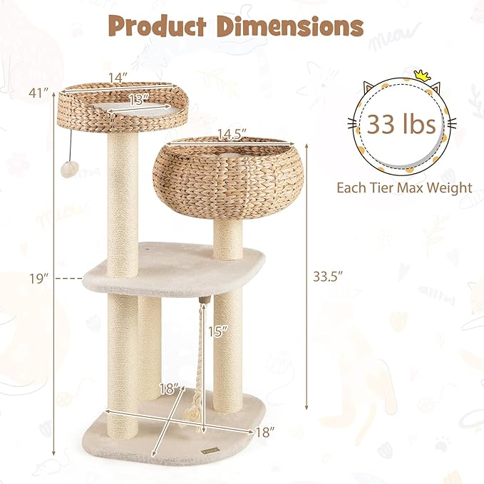41 Inches Wicker Cat Tree, Modern Cat Tower with Handwoven Cat Condo & Perch, Scratching Post, Dangling Balls and Sisal Rope, Indoor Cat Tree Tower for Large Adult Cats 20 Lbs (White)