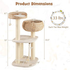 41 Inches Wicker Cat Tree, Modern Cat Tower with Handwoven Cat Condo & Perch, Scratching Post, Dangling Balls and Sisal Rope, Indoor Cat Tree Tower for Large Adult Cats 20 Lbs (White)
