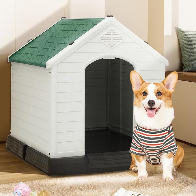 Plastic Dog House Indoor for Small Dogs, Insulated Dog House Outdoor Puppy Shelter, 32.5 Inch Weather & Water Resistant Pet Crate with Air Vents and Elevated Floor, Forest Green