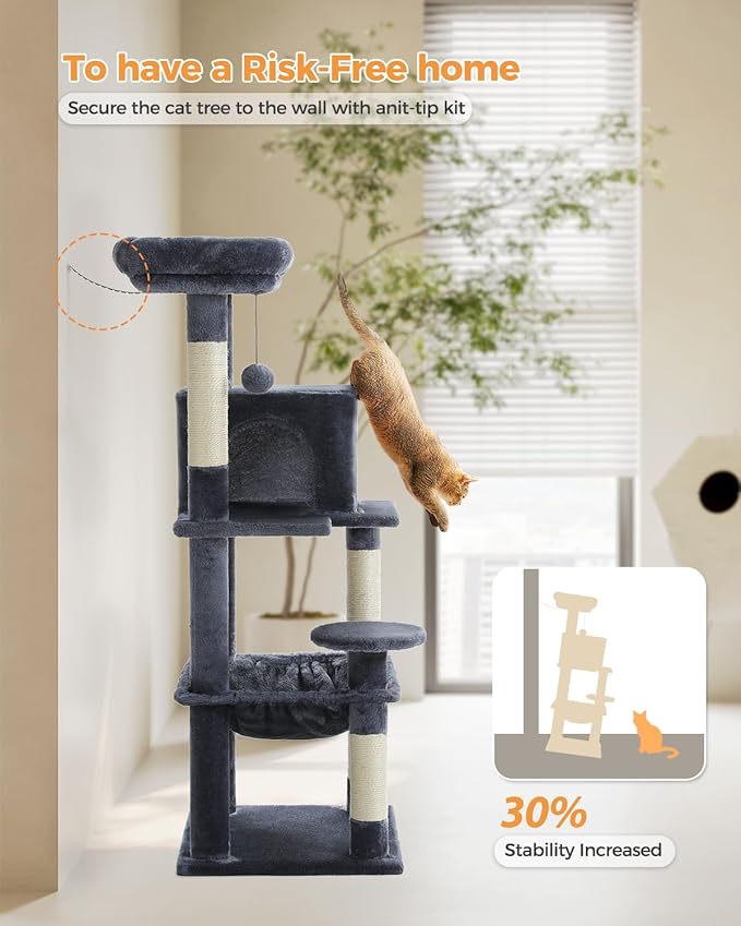 PEQULTI 45.7'' Cat Tree for Indoor Cats with Metal Frame Big Hammock, Cat Tower for Small or Medium Cats with Cat Condo House, with Scratching Posts and Top Perch, Dark Grey
