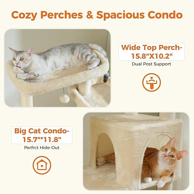 PETEPELA 69" Tall Cat Tree for Indoor Large Cats, Cat Tower for Adult Cats with Super Big Hammock, Cat Climbing Tree Tower with Scratching Posts, Condo House and Large Top Perch, Beige