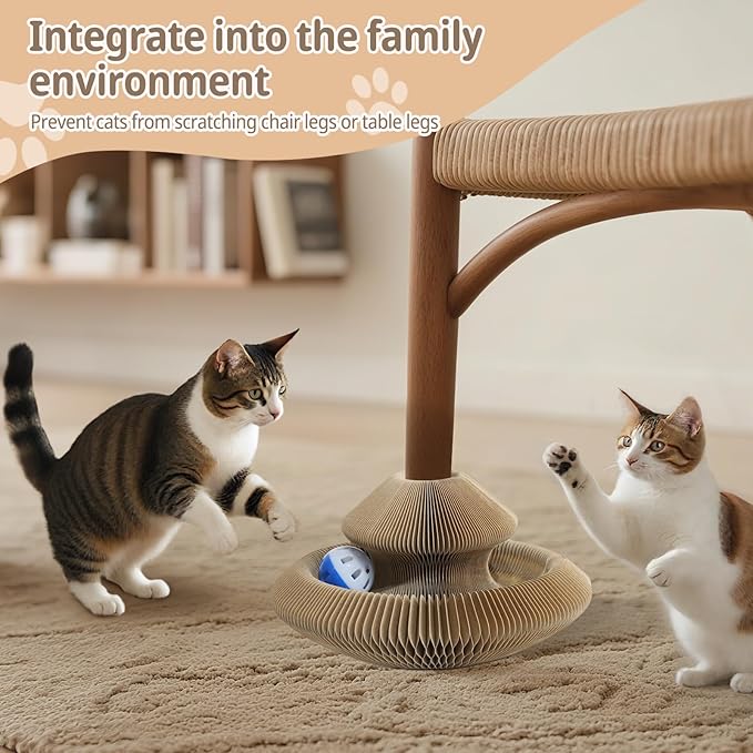 Kitty Kurlz Cat Scratcher Magic Organ Cat Scratching Board with Bell Ball,Foldable Accordion Kitty Curls Cat Scratcher,Kitty kurlz Cat Toy for Indoor Cats,Beige