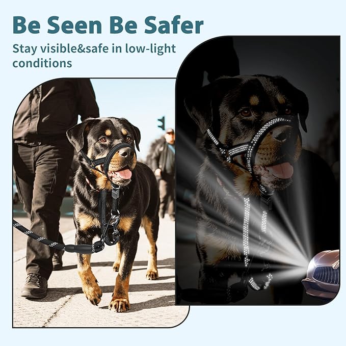 BARKLESS Sturdy No Pull Head Collar for Medium Large Dogs, Gentle Reflective Head Halter with Safety Link, Adjustable Nylon Dog Training Muzzle Leash for Walking Control (Black, XL)