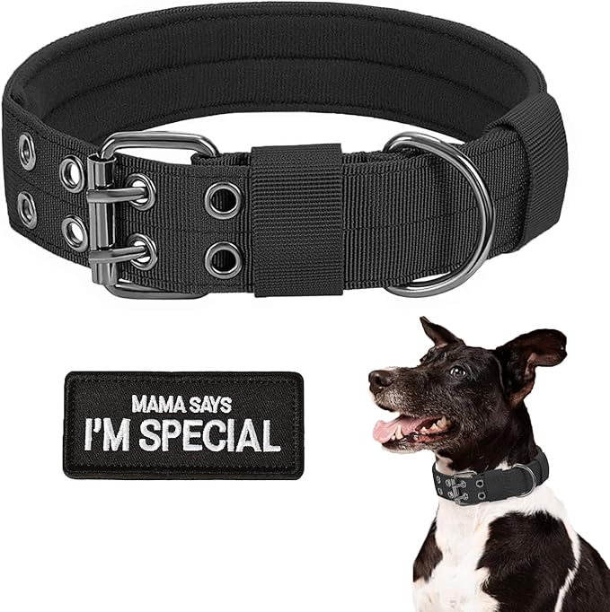 Tactical Dog Collar Military Dog Collar Adjustable Training Nylon Collar Heavy Duty Metal Buckle,Tactical Collars for Medium Large Dogs, with Black Patch (Black, X-Large)