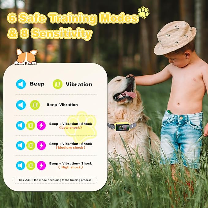 Dog Bark Collar Automatic Shock Collar Rechargeable Anti-Bark Training Collar Multifunctional Waterproof Dog Stop Barker with 6 Safe Training Modes for Dog Weighing Over 8 Pounds (Yellow)