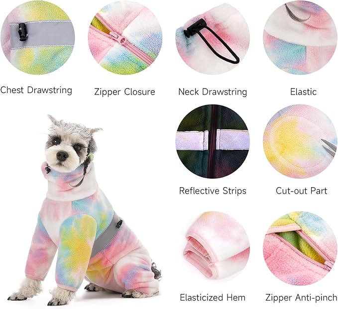 Dog Coats for Small Dogs, Polar Fleece Dog Pajamas Bodysuit, Puppy Onesies Tie Dye Jumpsuits, Dogs Warm Clothes Four-Legged, Doggie Fullbody Winter Jacket Vest