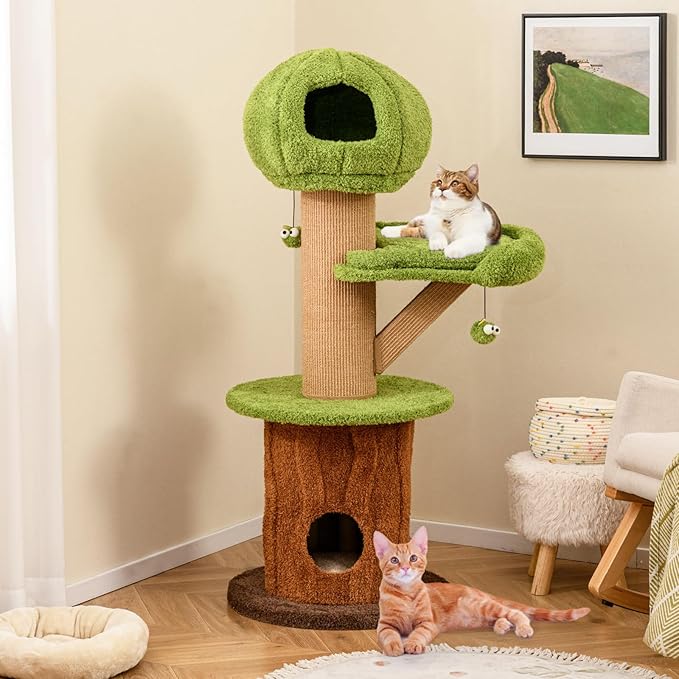 PETSITE 58 Inch Forest-Themed Cat Tree, Multi-Level Cat Tower with 2 Cute Condos, Plush Perch, Teasing Balls, Sisal Posts, Hidden Cave, and Removable Cushions, Modern Cute Cat Tree for Indoor Cats