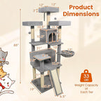 PETSITE Multi-Level Cat Tree, 65 Inches Tall with Sisal Scratching Posts, Condos, Rotatable Cat Basket, Dangling Balls, and Sisal Ladder, Ideal for Indoor Cats to Play and Rest (Grey)