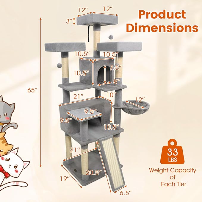 PETSITE Multi-Level Cat Tree, 65 Inches Tall with Sisal Scratching Posts, Condos, Rotatable Cat Basket, Dangling Balls, and Sisal Ladder, Ideal for Indoor Cats to Play and Rest (Grey)