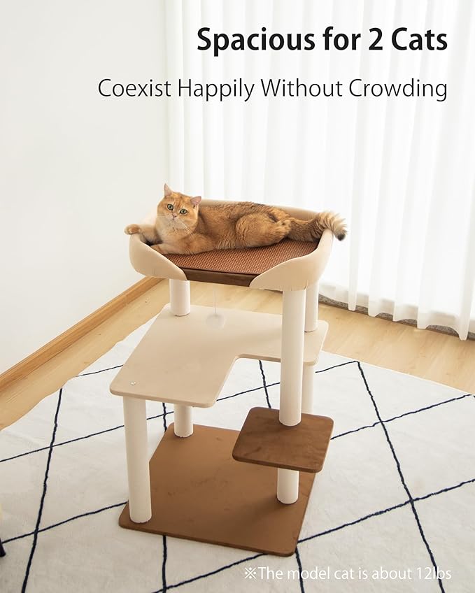 Modern Cat Tree for Large Cats, 37.5-Inch Tall Cat Tree Tower with Wide Shelves Low Step Cotton Scratching Posts, Super Sturdy Base, Cozy Perches, and Interactive Toys for Indoor (95cm White)