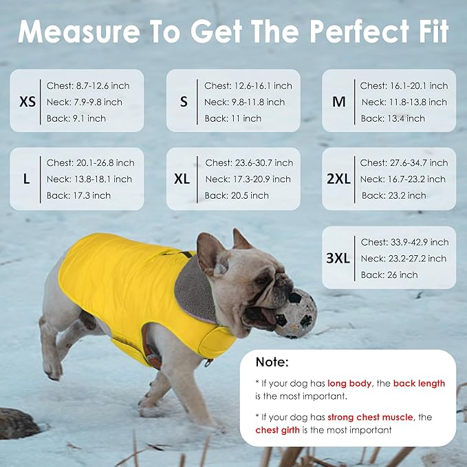 Dog Winter Coat, Waterproof Dog Jacket with Leash Hole, Reflective Adjustable Pet Snow Vest, Warm Fleece Sweater for Small Medium Large Dogs - Yellow, 3XL