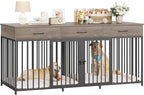 HOSTACK Double Dog Crates Furniture, 71" Wide Indoor Dog Kennel with 3 Drawers, Farmhouse Dog Cage for 2 Large/Medium Dogs, Heavy Duty Dog Crate with Removable Divider, Wooden Pet House, Ash Grey