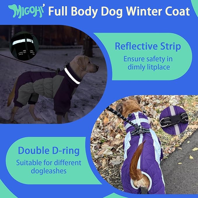 MIGOHI Full Body Dog Coat - Warm Reflective Large Dog Winter Coat with Harness,Turtleneck Fleece Jacket for Dogs,Four-Leg Windproof Puffer Jackets Snowsuit with Zipper for Small Medium Large Dogs,XL
