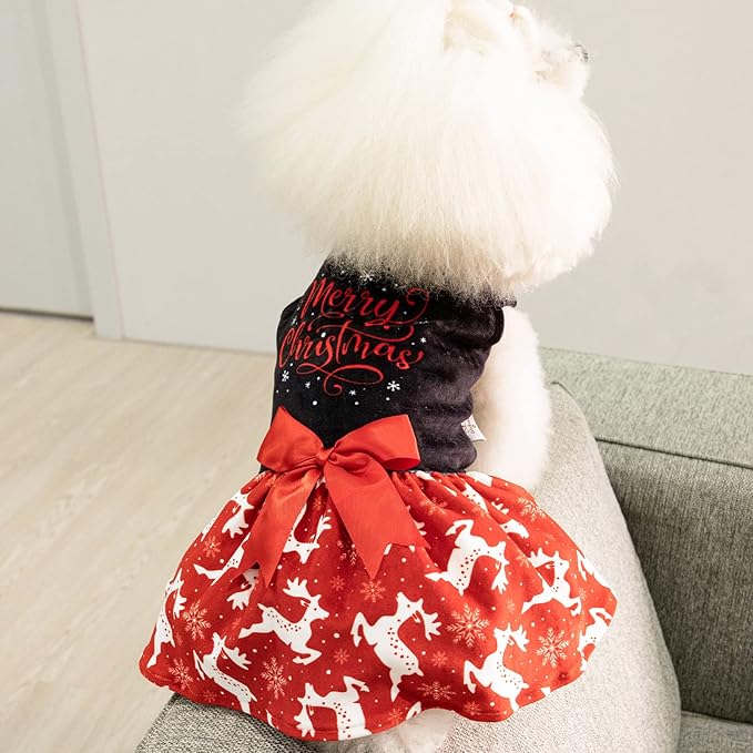 CuteBone Merry Christmas Dog Dress Velvet for Small Dogs Girl Reindeer Puppy Dresses Red Dog Clothes CVA04L-D