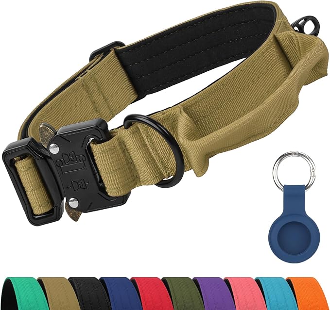Joytale Tactical Dog Collar for Medium Dogs with Control Handle, Heavy Duty Military Training Collar for Power Breeds, AirTag Holder Case, Quick Release Metal Buckle, Soft Padded, M, Khaki