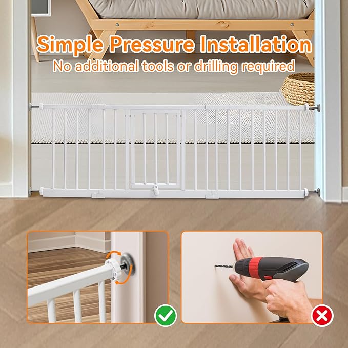 18" Height Short Dog Gate with Small Cat Door, Adjustable 18"-48" Extra Wide Pet Gate with 4 Extension Kits Pressure Mounted for Doorways and Stairs, White
