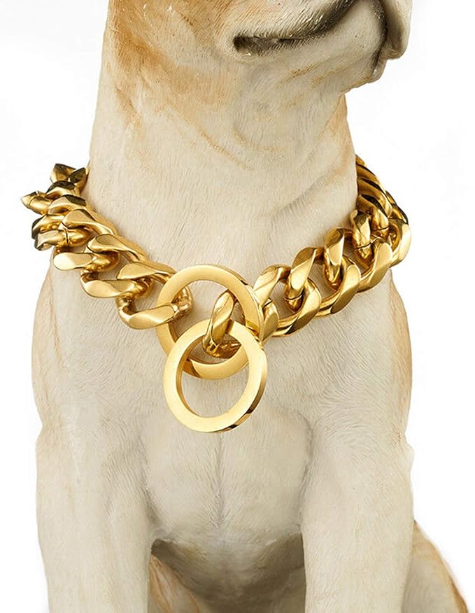 Dog Chain Collar 18K Gold High Polished Stainless Steel Cuban Link Strong Heavy Duty Chew Proof Walking Training Chain Leash Collar for Small Dogs(15mm, 12")