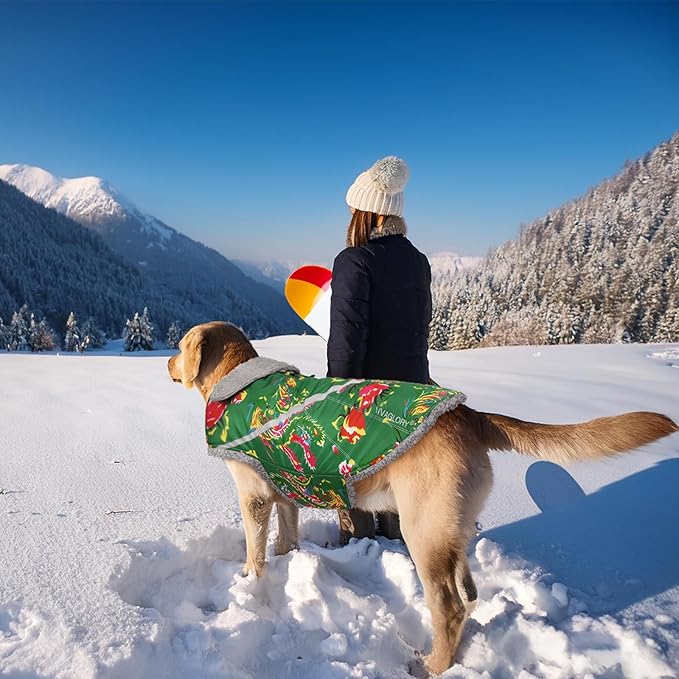 VIVAGLORY Snowrap Dog Coat, Jacket with Harness Hole, Dog Coat for Winter & Cold Weather, Fluffy Warm Fleece Lined Reflective Water Resistant for Puppy, M, Northeast Florals-Green