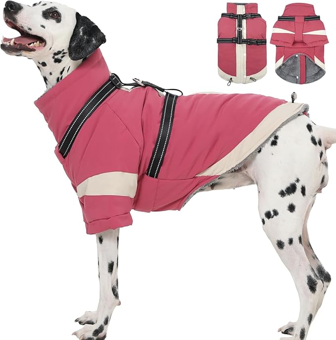 XL Winter Coat for Medium Dogs,Reflective Harness Built in | Turtleneck Dog Snowsuit with Sleeves for Snow Day Keep Warm,Outdoor Activities Water-Repellent & Windproof Jacket(Pink)