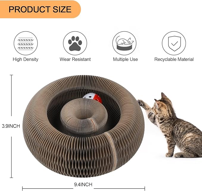 Magic Organ Cat Scratching Board, Interactive Scratch Pad with a Ball, Cat Scratcher for Grinding Claw, Recyclable and Durable, Furniture Protector, Retractable, Brown, Reversible