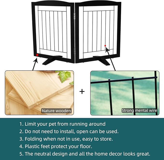 Dog Fence Indoor,Dog Gate Indoor for Doorway pet gate -2-Panel Freestanding, Hallways, House or Stairs -40x24-Inch Retractable Foldable Expandable Wood Pet by SFJC (Black) ﻿