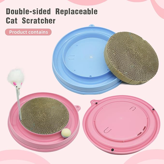 3in1 Cat Scratcher,Interactive Round Plastic Scratching Pad with Ball Track & Mouse, Engaging Puzzle for Indoor Adult Cats and Kittens-Pink