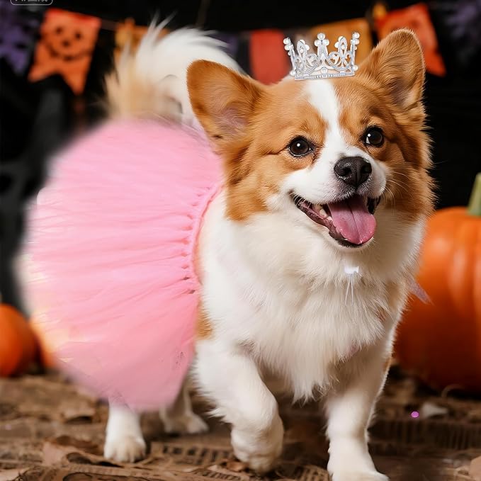 2 Pcs Dog Tutu Dress with Pearl Crown for Small Medium Pet Cat Dog Halloween Costume Dress for Ballet Birthday Party Wedding Photo Prop