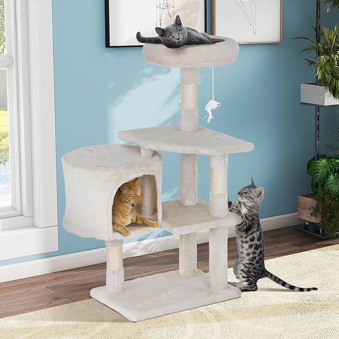 Cat Tree, 36 Inches Indoor Cat Tree Tower Condo, Natural Sisal Cat Scratching Post with Cozy Bed, Small Cats Tree for Kittens, Soft Perch & Cute Toys, Beige