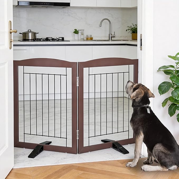 Dog Fence Indoor,Dog Gate Indoor for Doorway pet gate -2-Panel Freestanding, Hallways, House or Stairs -40x24-Inch Retractable Foldable Expandable Wood Pet by SFJC (Brown) ﻿