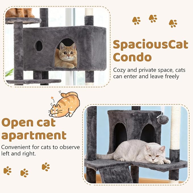 BestOffice 54 Inch Cat Tree, Multi-Level Cat Tower with Condo, Perches, Sisal Scratching Posts, Climbing Ladder,Indoor Activity Center Play House for Kittens & Adult Cats,Light Gray