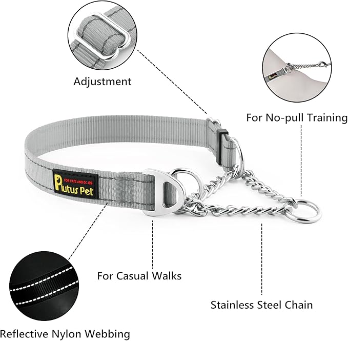 Plutus Pet Martingale Dog Collar with Stainless Steel Chain and Reflective Nylon, Adjustable No Pull Training Collar, for Small Medium, and Large Dogs, Gray, M