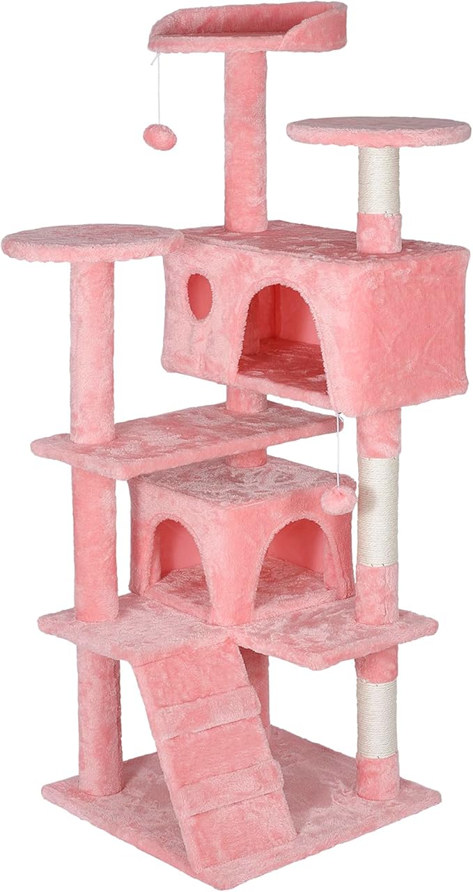 Multi-Level Cat Tree Tower with Condos, 54" Tall Cat Activity Center with Plush Perches and Toys, Space Saving Pet Playhouse for Kittens and Cats (Pink)