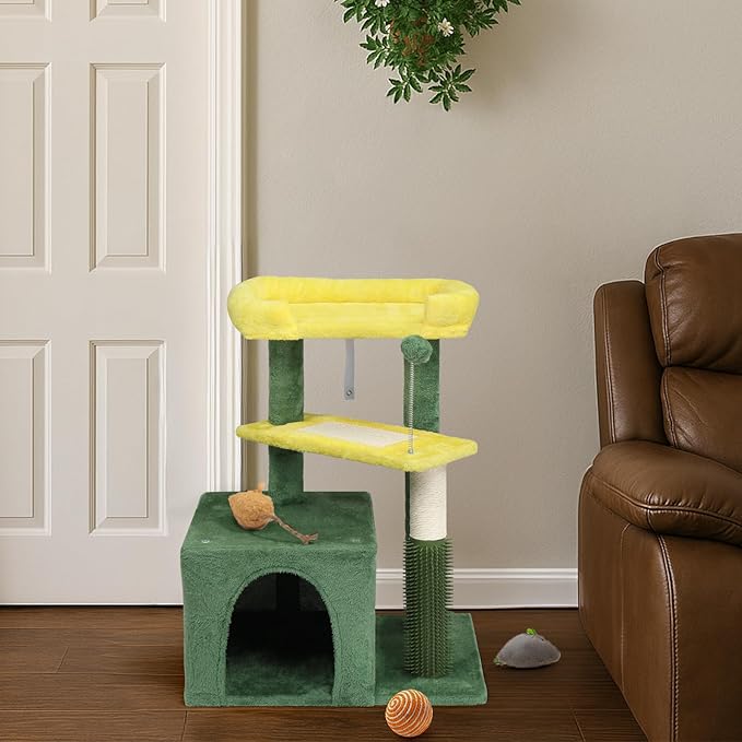 27.5in Cat Tree, Multi-Level Cat Tower with Scratching Post and Pad, Cozy Condo, Padded Top Bed for Kittens and Indoor Cats (Green)