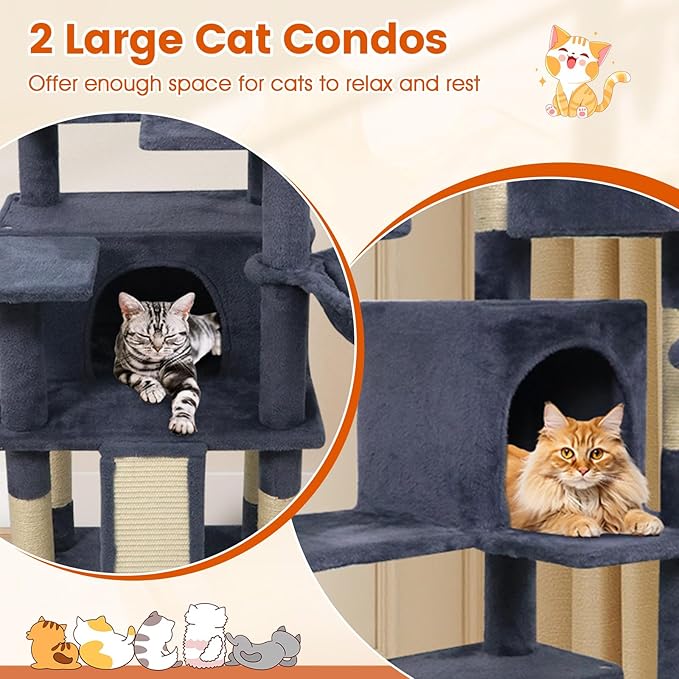 PETSITE Multi-Level Cat Tree, 65 Inches Tall with Sisal Scratching Posts, Condos, Rotatable Cat Basket, Dangling Balls, and Sisal Ladder, Ideal for Indoor Cats to Play and Rest (Dark Grey)