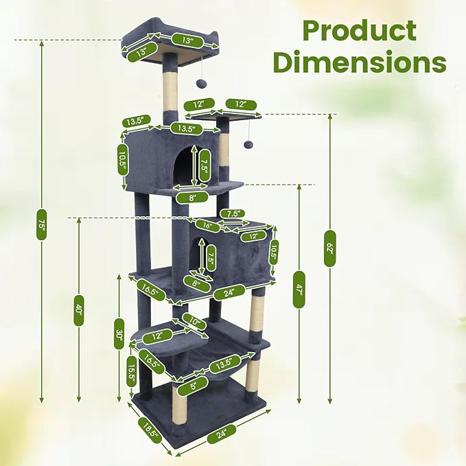PETSITE Multi-Level Cat Tree, 75 Inches Tall with Sisal Scratching Posts, 2 Condos, Hammock, Dangling Balls, and Cozy Top Perch, Ideal for Indoor Cats to Play and Rest (Dark Grey)