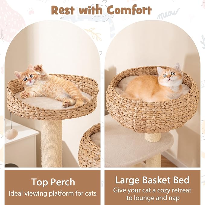 41 Inches Wicker Cat Tree, Modern Cat Tower with Handwoven Cat Condo & Perch, Scratching Post, Dangling Balls and Sisal Rope, Indoor Cat Tree Tower for Large Adult Cats 20 Lbs (White)
