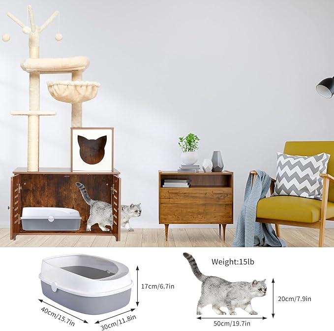 Cat Tree with Litter Box Furniture Hidden Enclosure, 2-in-1 Modern Tower, Cat Condo with Scratching Posts