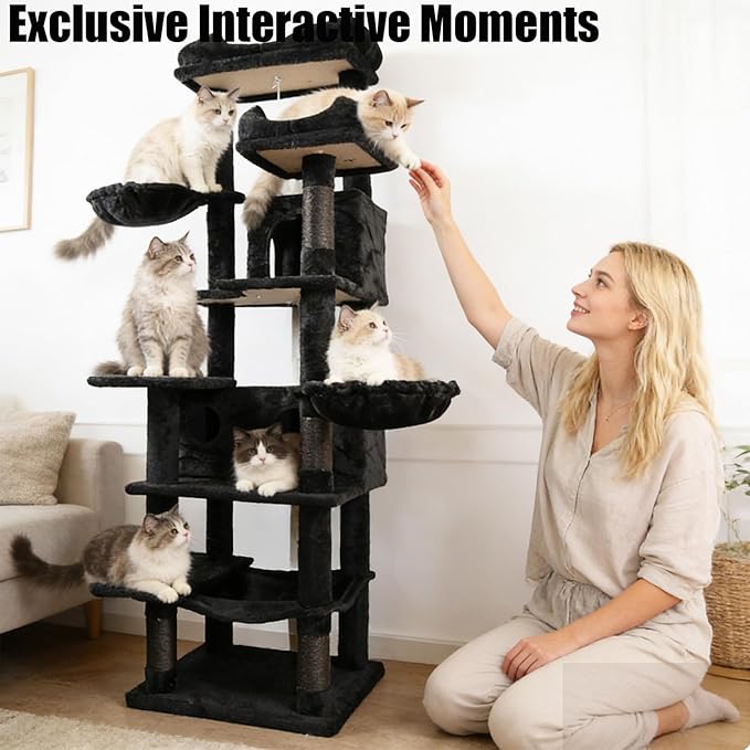 KAWHBET 68in Cat Tree,Cute Cat Tower Big Multi-Level Cat Tower for Large Cats with Removeable Cushion,Hammocks Sisal Scratching Posts,Condos,for to Play and Sleep Cat Tree for Indoor Cats (Black)