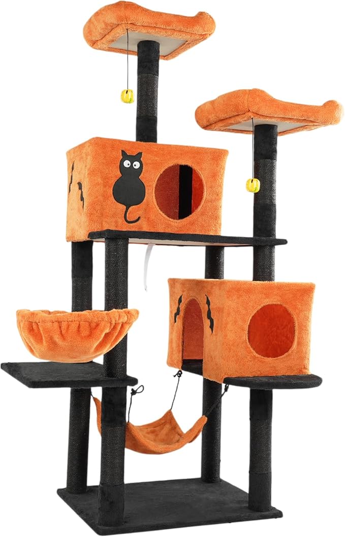 61" Halloween Cat Tree, Multi-Level Cat Tower with 2 Cat Condos, 2 Hammocks & Scratching Posts, Orange & Black Cat Activity Furniture for Large Cats