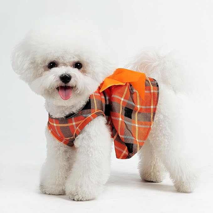 PUPTECK Plaid Fall Dog Dress Pet Apparel for Autumn with Cute Bowtie Puppy Clothes Outfit, Plaid, XS