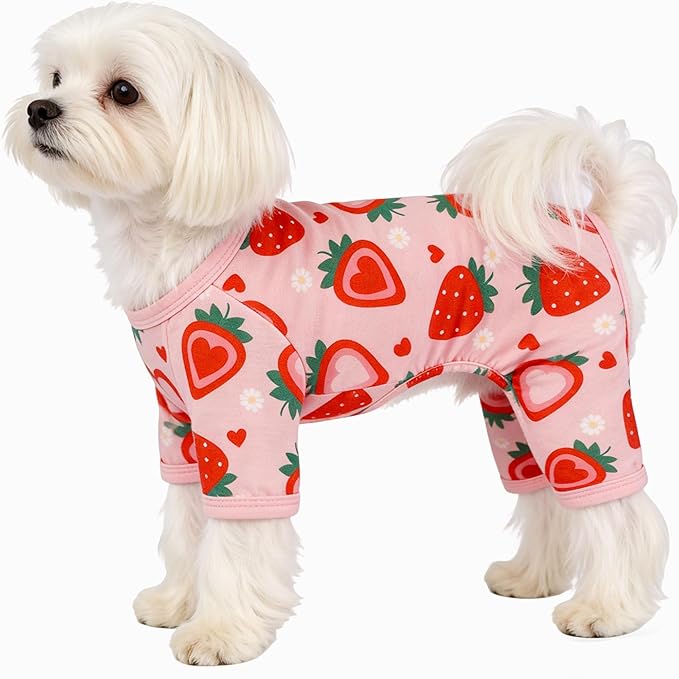 Dog Pajamas Spring Summer Dog Clothes for Small Medium Dogs Strawberry Print Girl Boy Cute Soft Puppy Pjs Clothes Doggie Onesies Cat Pet Jammies Outfit(Strawberry,M)