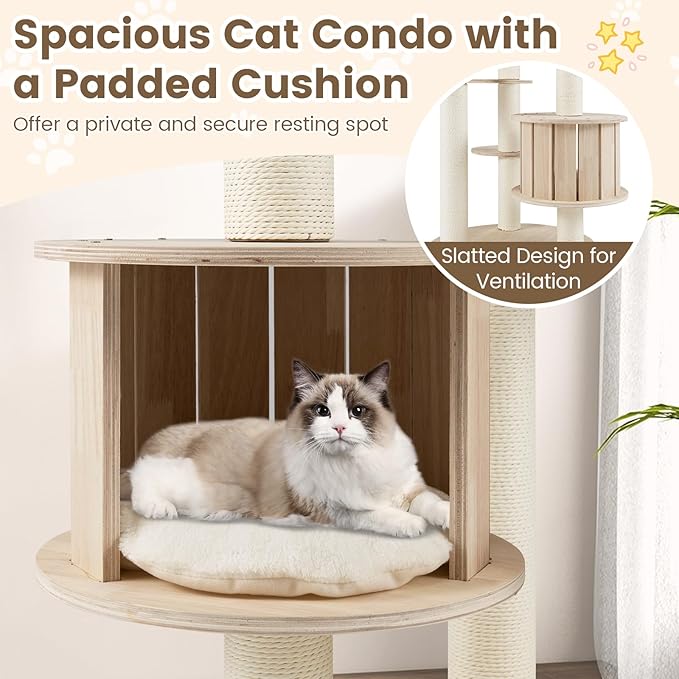 PETSITE 52 Inches Wooden Cat Tree, Multi-Level Modern Cat Tower with Scratching Posts, Space Capsule, Condo, Interactive Hanging Ball, and Top Perch with Removable and Washable Cushions