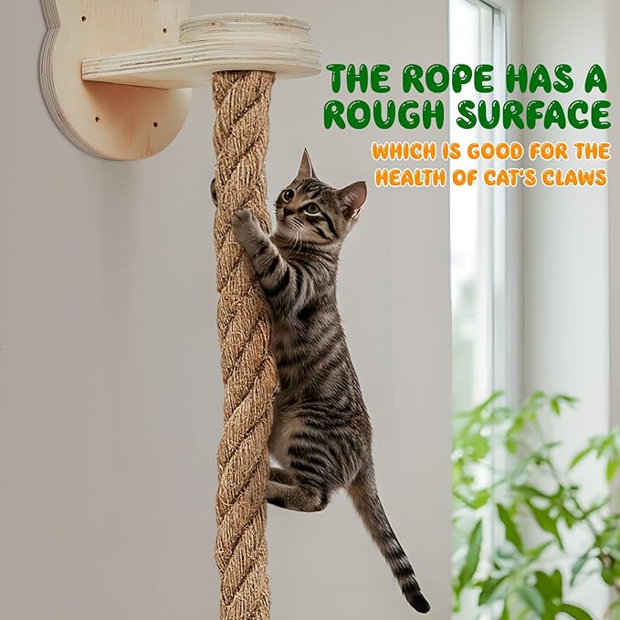 Weysat Cat Tree with 2 x 59.1 Inch Climbing Rope Wall Mounted Cat Climbing Tower Toy with Scratching Post Kitten Rope Ladder with Jumping Platform Wall Steps for Playing and Rest (Wood,Kitten Head)