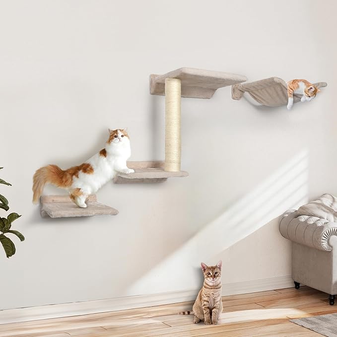 Cat Wall Shelves - 5 Pcs Wall-Mounted Cat Shelves for Wall, Including 2 Steps, 1 Perches, 1 Hammock, 1 Sisal Scratcher Post, DIY Playground for Large Cats