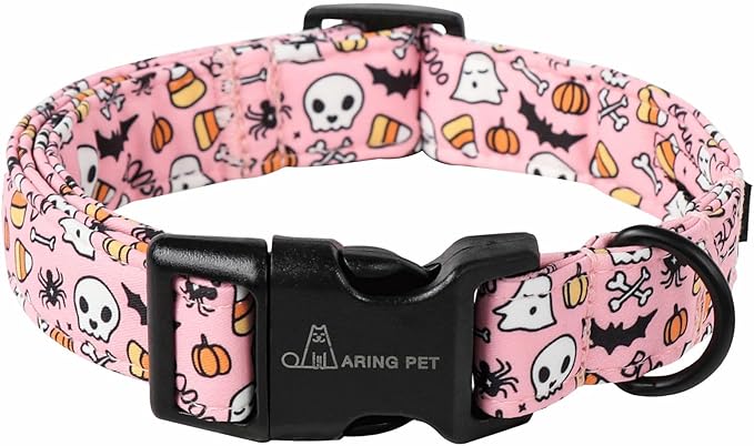 ARING PET Halloween Dog Collars, Cute Pink Pumpkin Ghost Bat Spider Skull Pet Collar with Quick Release Buckle for Small Medium Large Girl Boy Dogs-L