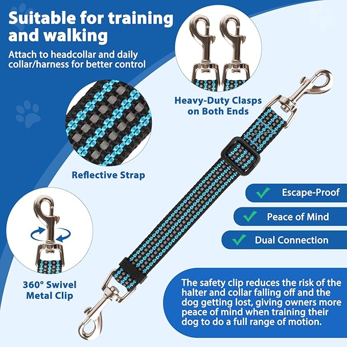 BARKLESS No Pull Dog Head Collar for Gentle Training Walking, Soft Padded Head Halter with Collar Safety Clip, Comfortable Fit Muzzle Leash with Reflective Strap for Medium Large Dog (Blue, XL)