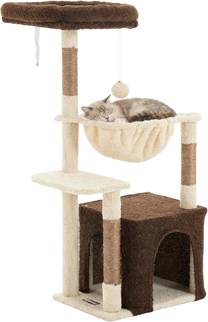 Cat Tree for Indoor Cats, 39.8-inch Cat Tower with 2 Plush Perches for Play & Rest, 1 Cozy Hideaway, Dangling Toy & Full Sisal Scratching Posts for Indoor Cats, Brown