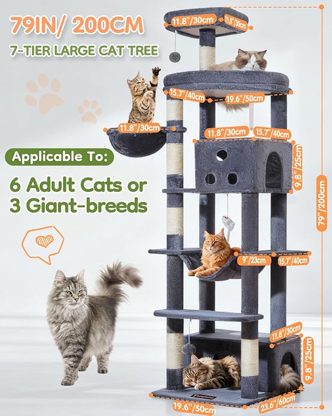 Taoqimiao 79 Inches XXL Cat Tree for Large Cats, for Oversized Cats, Multi-Level Cat Tower, 2 Spacious Cat Condo with 6 Scratching Posts, Hammcock & Cozy Basket, Cat Toys, Smoky Gray, S10G
